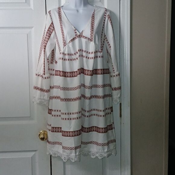 Boho Chic V-neck lace trim versatile western look mini dress Sz S NWOT - Picture 1 of 10